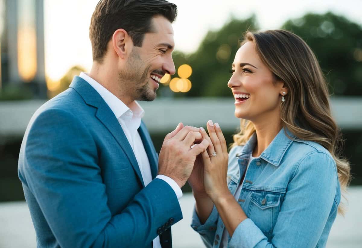 A man and woman standing close, exchanging rings with joyful expressions
