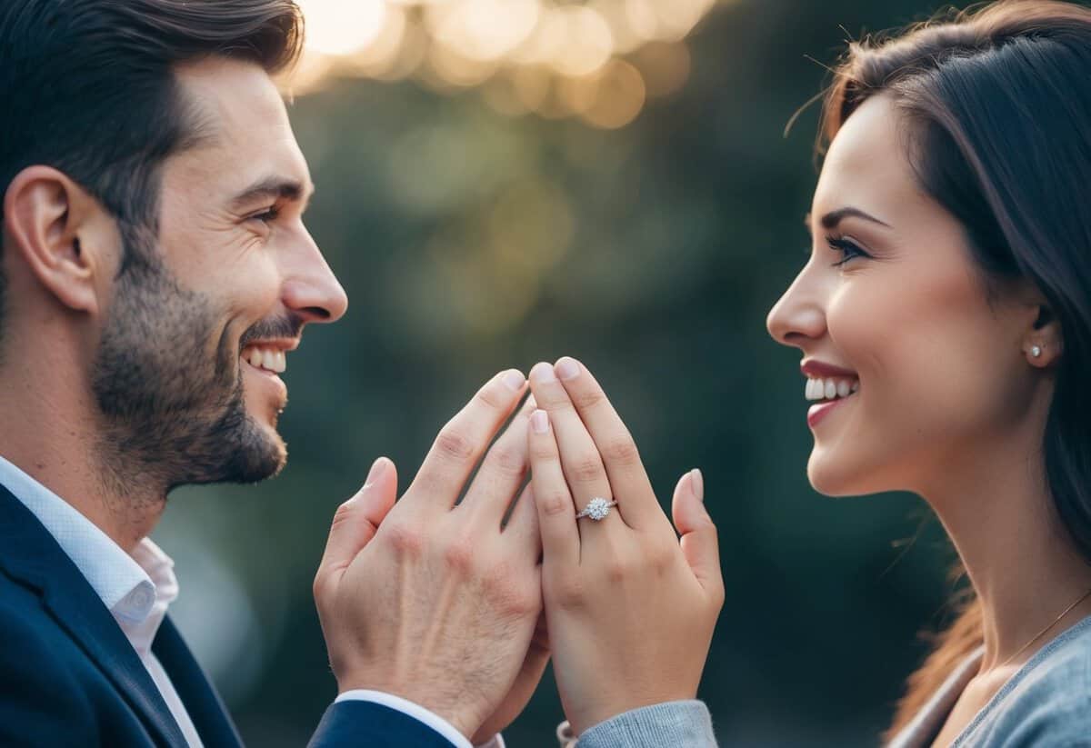 A man and woman facing each other, smiling and holding hands, with a ring on the woman's finger