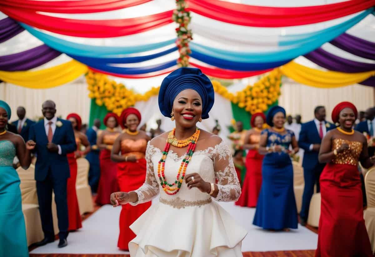 A traditional Ugandan wedding ceremony with colorful decorations and joyful dancing