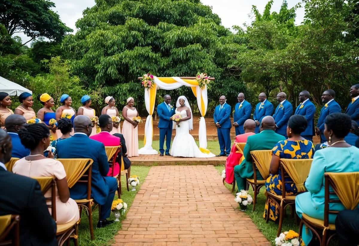 A simple wedding in Uganda: a traditional outdoor ceremony with colorful decorations, a small gathering of family and friends, and a modest reception with local cuisine