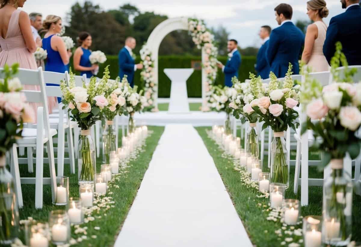A winding path leading to a wedding altar with blooming flowers and a beautiful archway