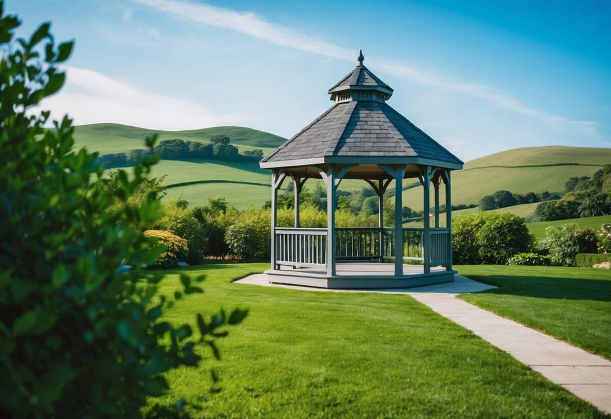 A serene outdoor setting with a gazebo and lush greenery, surrounded by rolling hills and a clear blue sky