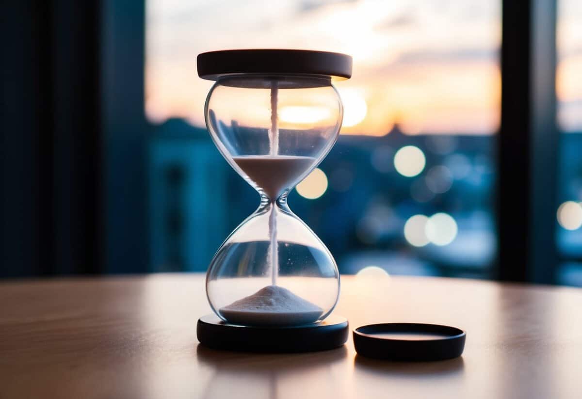 A heart-shaped hourglass with sand pouring from one side to the other, representing the fleeting nature of falling in love