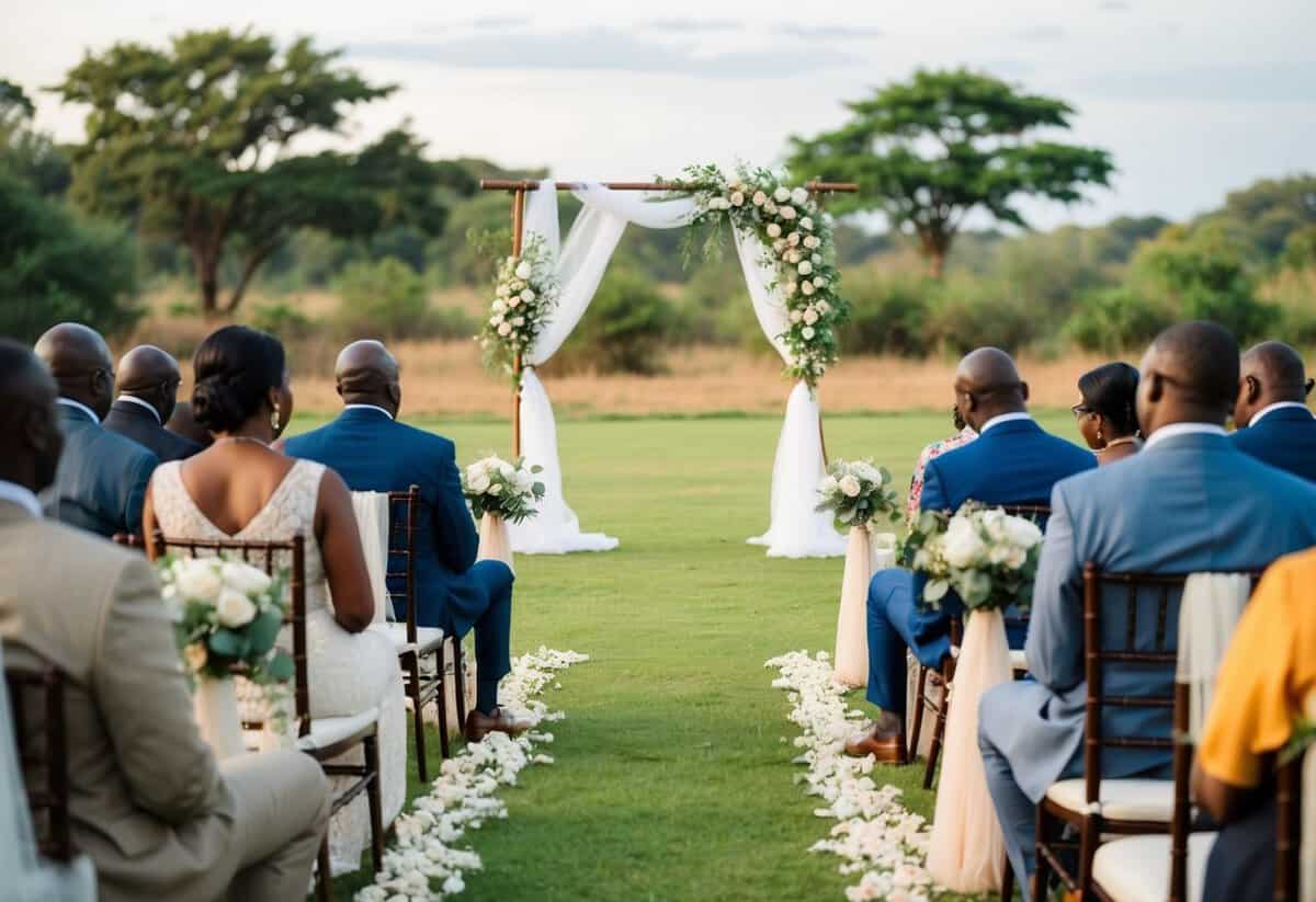 A serene outdoor wedding ceremony in Uganda with a simple arch, floral decorations, and seating for guests
