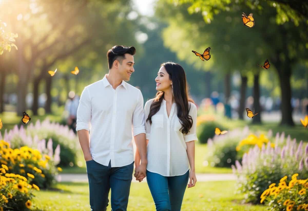A couple strolling through a park, surrounded by blooming flowers and butterflies, gazing into each other's eyes with a sense of warmth and affection