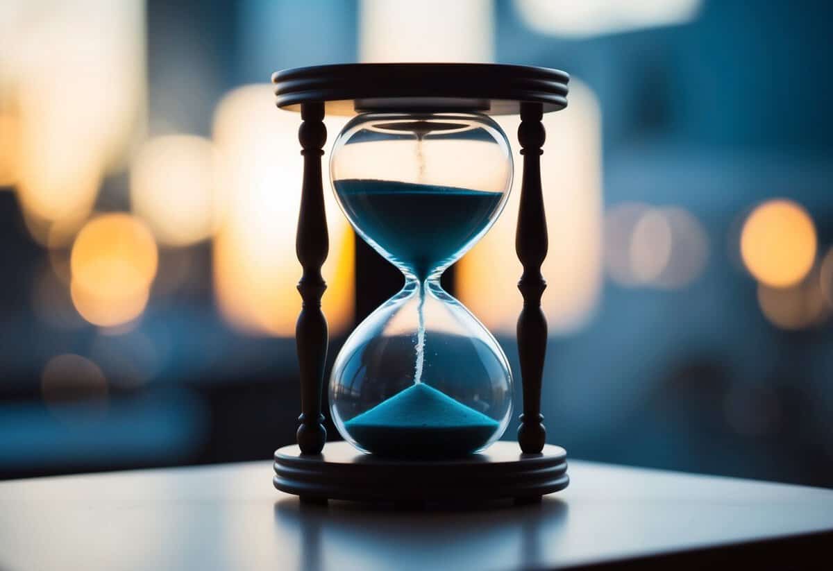 A heart-shaped hourglass with sand flowing from one side to the other, symbolizing the fleeting nature of falling in love