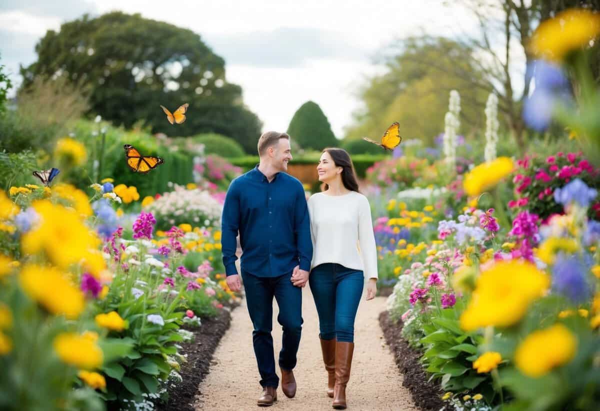 A couple walking through a blooming garden, surrounded by vibrant flowers and butterflies, gazing into each other's eyes with a sense of wonder and joy