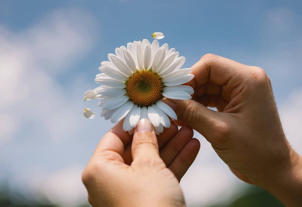 A person holding a daisy, plucking off petals one by one