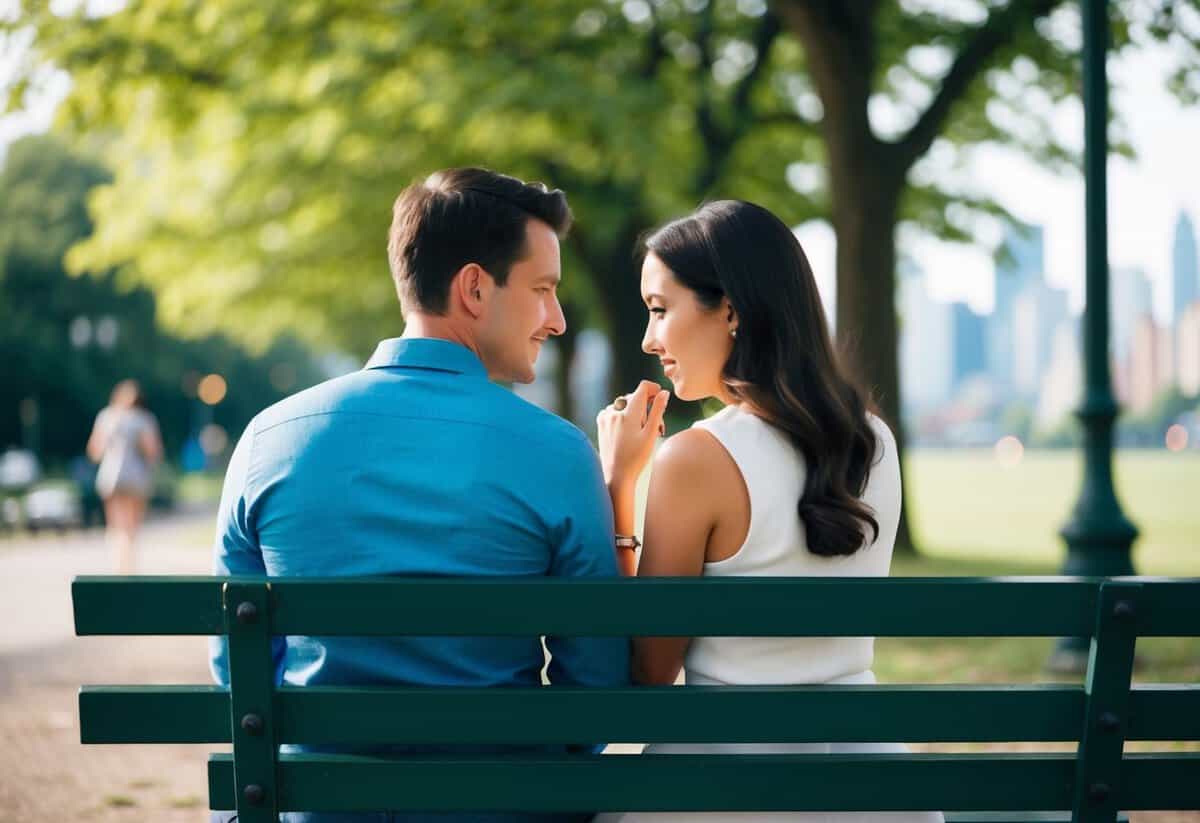 A couple sitting on a park bench, facing each other, with one person nervously fidgeting with a ring while the other looks on expectantly
