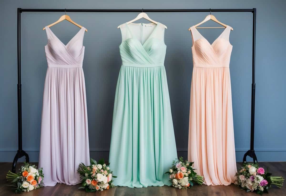 Three bridesmaid dresses hang on a rack, each in a different shade of pastel. Bouquets of flowers sit nearby, ready to be held