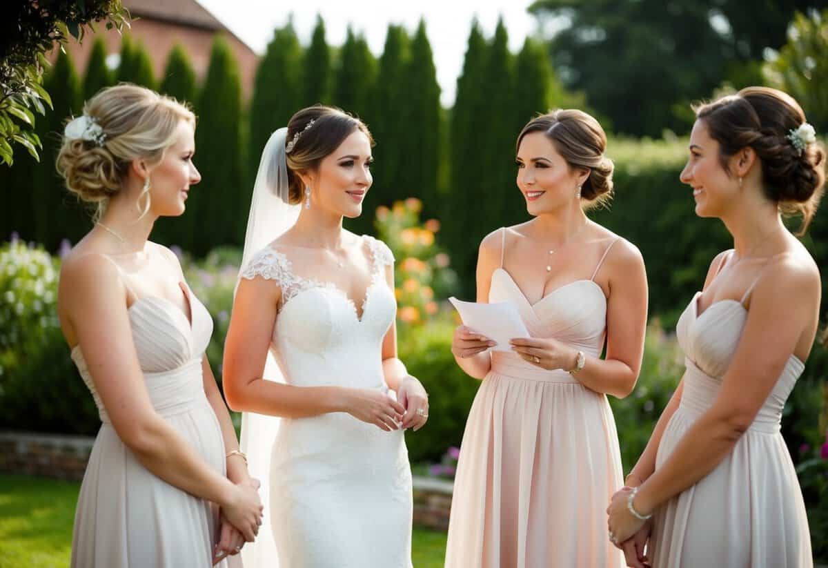 A bride stands with three bridesmaids, discussing wedding plans in a garden setting