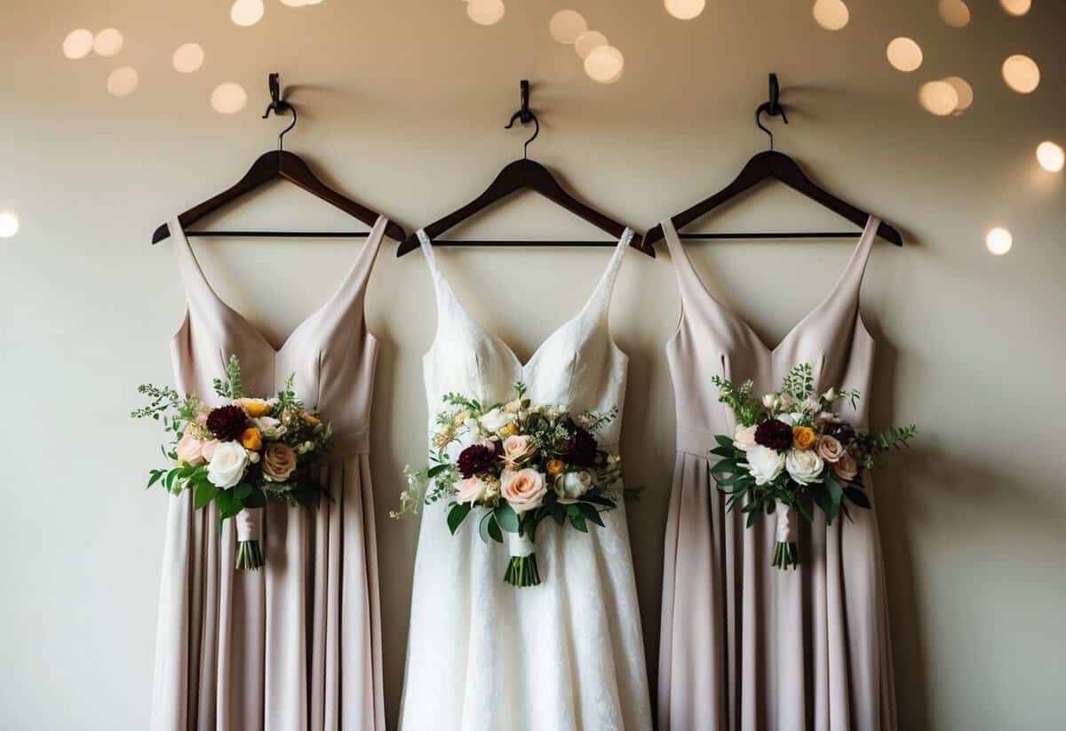 Three elegant dresses hanging side by side, each with a unique bouquet of flowers resting on the hanger