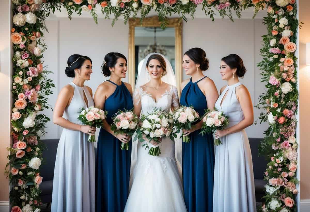 A bride stands between two bridesmaids, all holding bouquets, framed by a symmetrical arrangement of flowers and decor