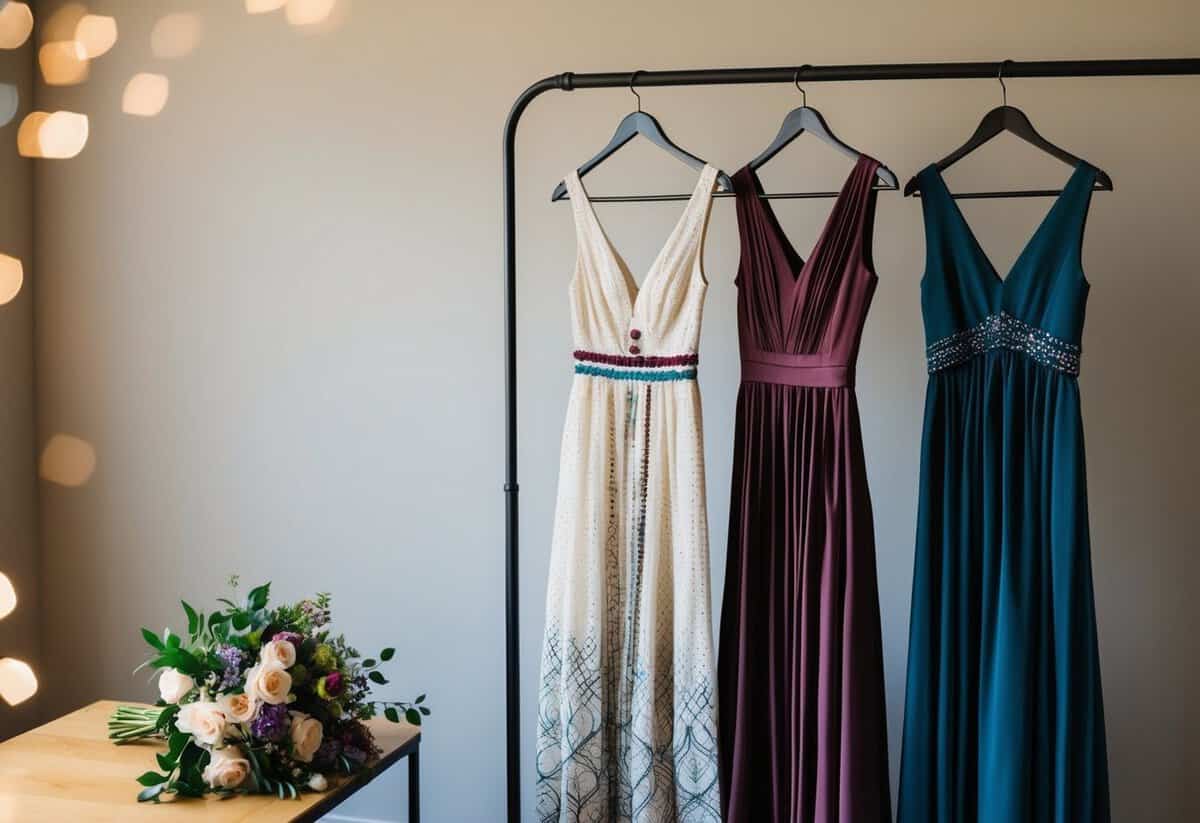 Three dresses hanging on a rack, each with a unique design and color scheme. A bouquet of flowers sits on a nearby table, adding a personal touch to the scene