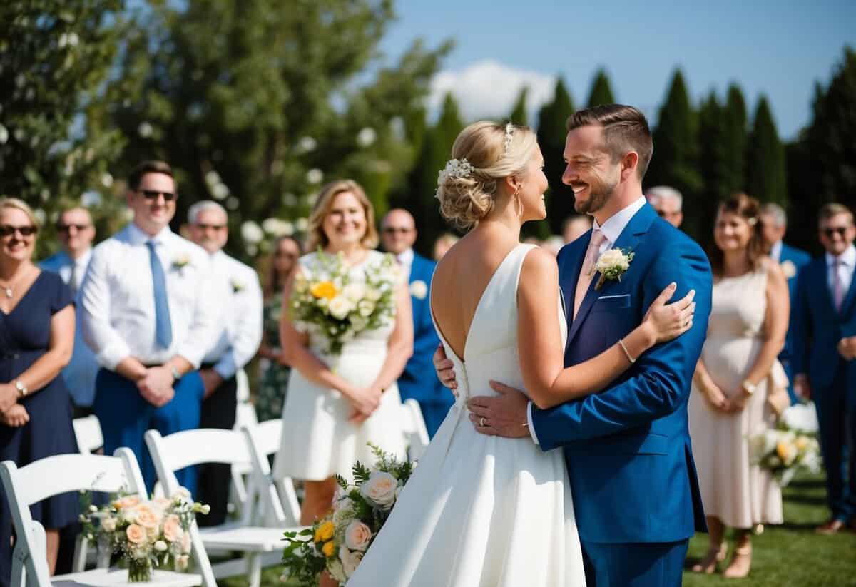 A sunny outdoor wedding with flowers and guests, representing the ideal age range of 28 to 32 for marriage