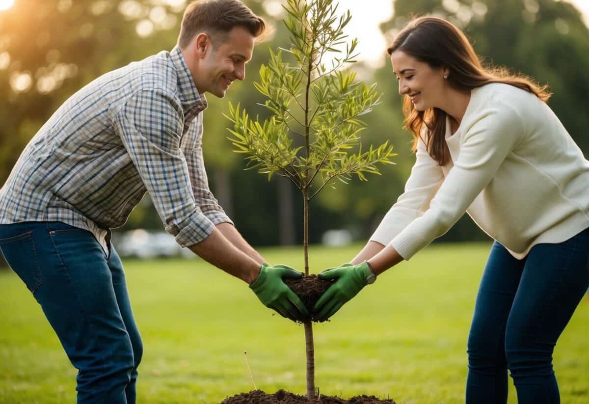 A couple planting a tree together, symbolizing personal and communal growth