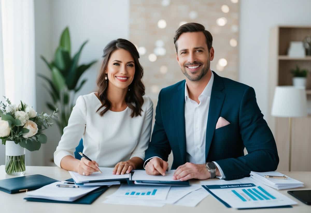A couple sitting at a table, surrounded by financial documents and wedding planning materials. They are smiling and appear confident and ready for the next chapter in their lives