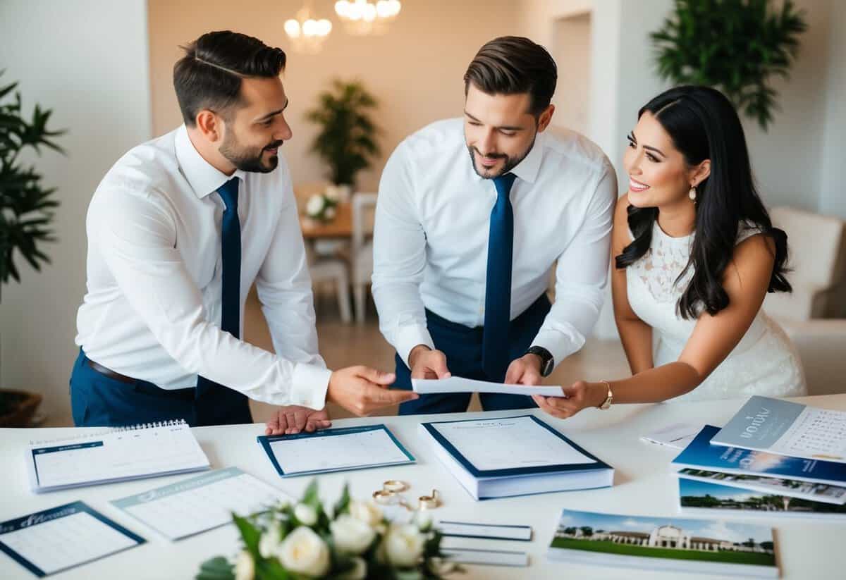 A couple discussing wedding plans with a planner, surrounded by calendars, invitations, and venue brochures