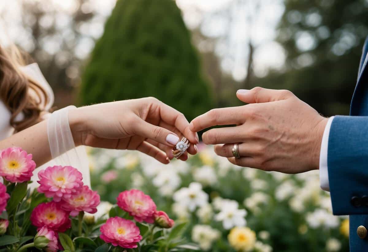 A couple exchanging wedding rings in a garden surrounded by blooming flowers