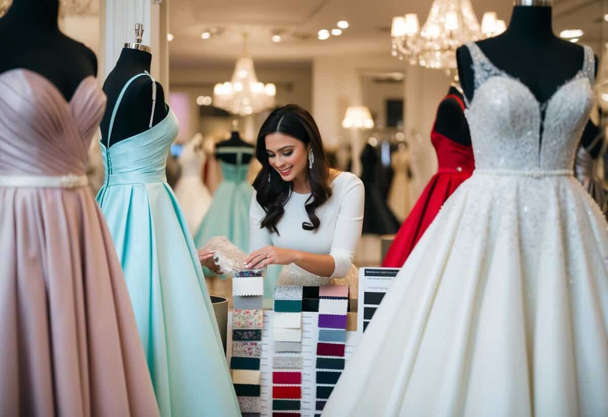 A bride-to-be browsing through fabric swatches and dress designs in a chic boutique, surrounded by mannequins adorned in elegant wedding gowns
