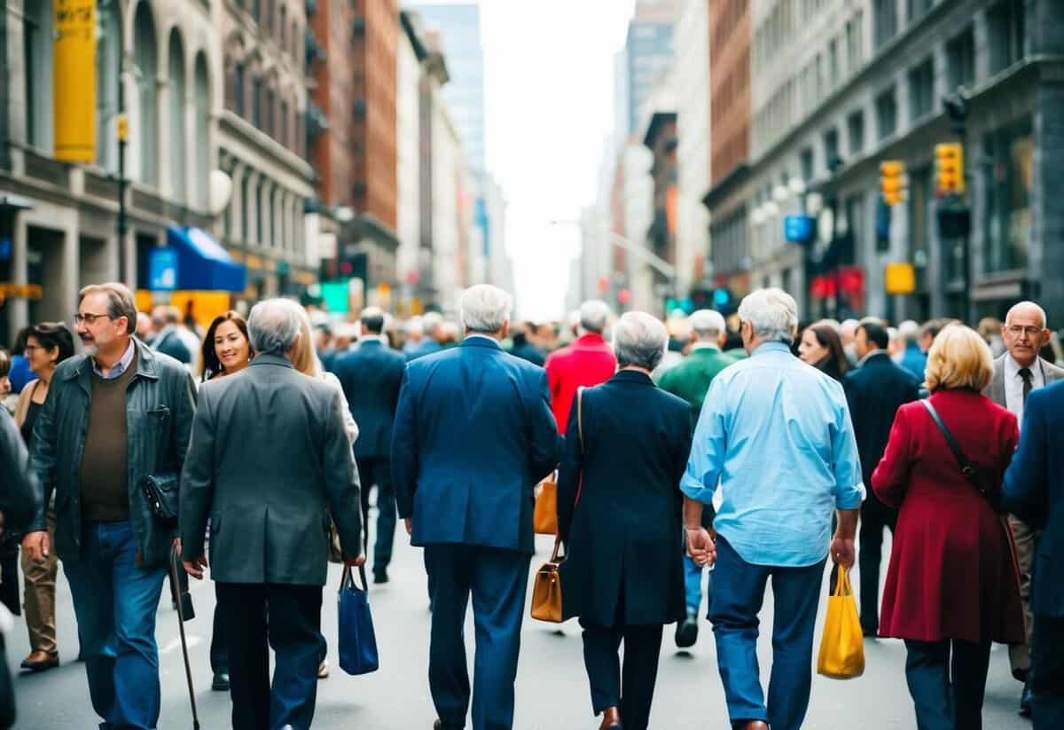 A crowded city street with people of various ages walking and interacting, suggesting the diverse demographic factors involved in meeting a spouse
