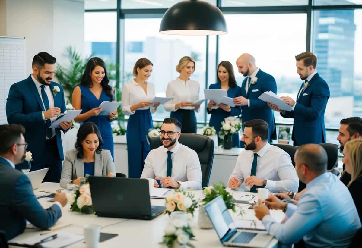 A bustling wedding planning office with vendors and logistics teams coordinating schedules and making preparations for the big day
