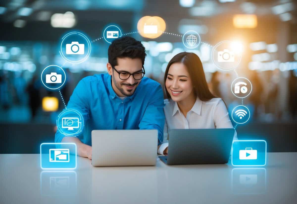 A couple connects through digital devices, surrounded by symbols of modern technology