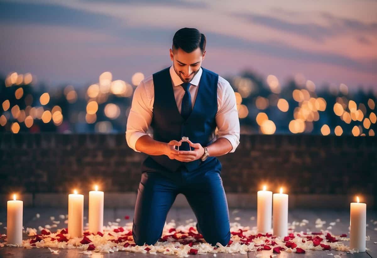 A man holds a ring box in one hand and kneels on one knee, surrounded by rose petals and candles