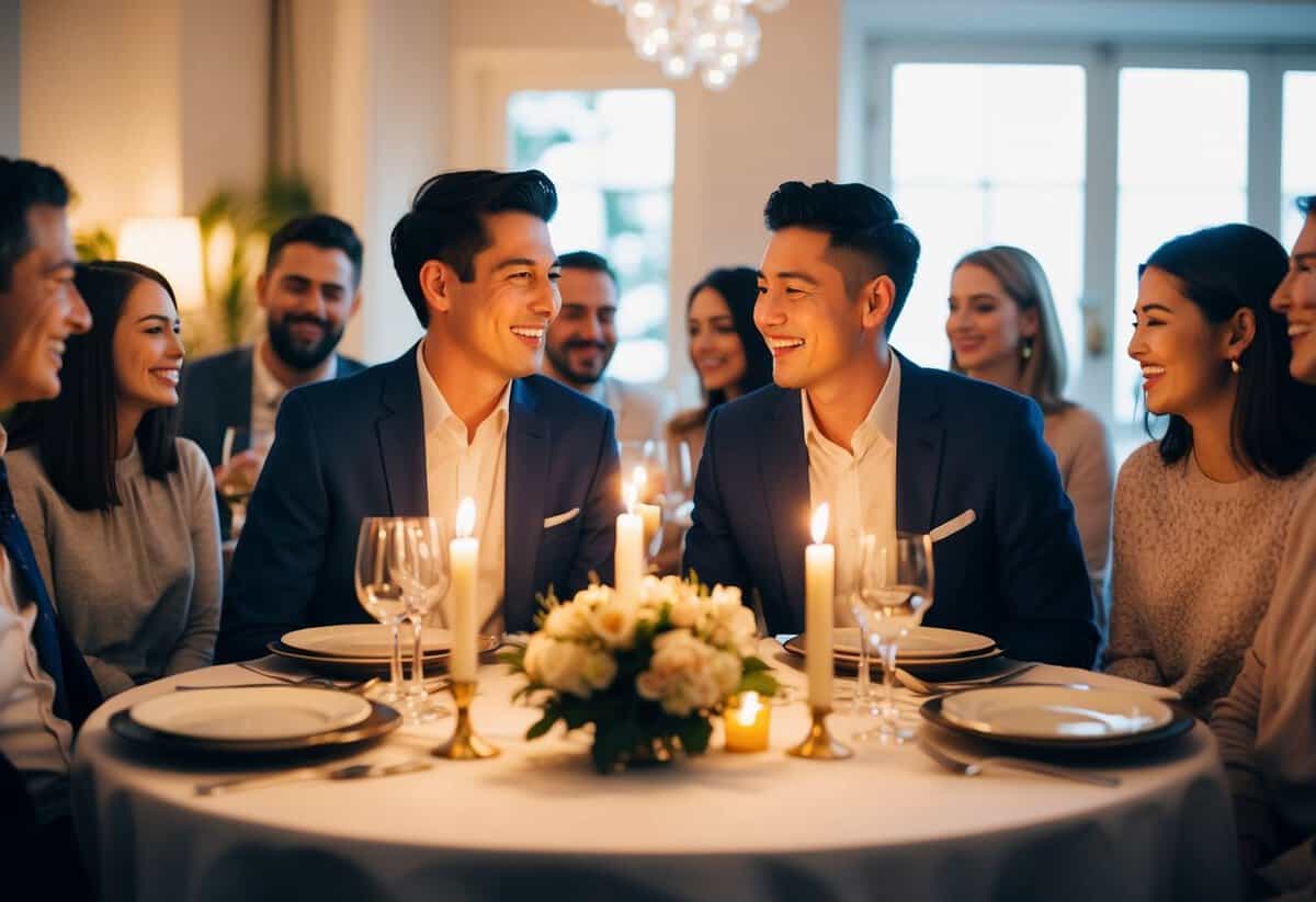 A couple sitting across from each other at a candlelit dinner table, surrounded by friends and family, smiling and laughing