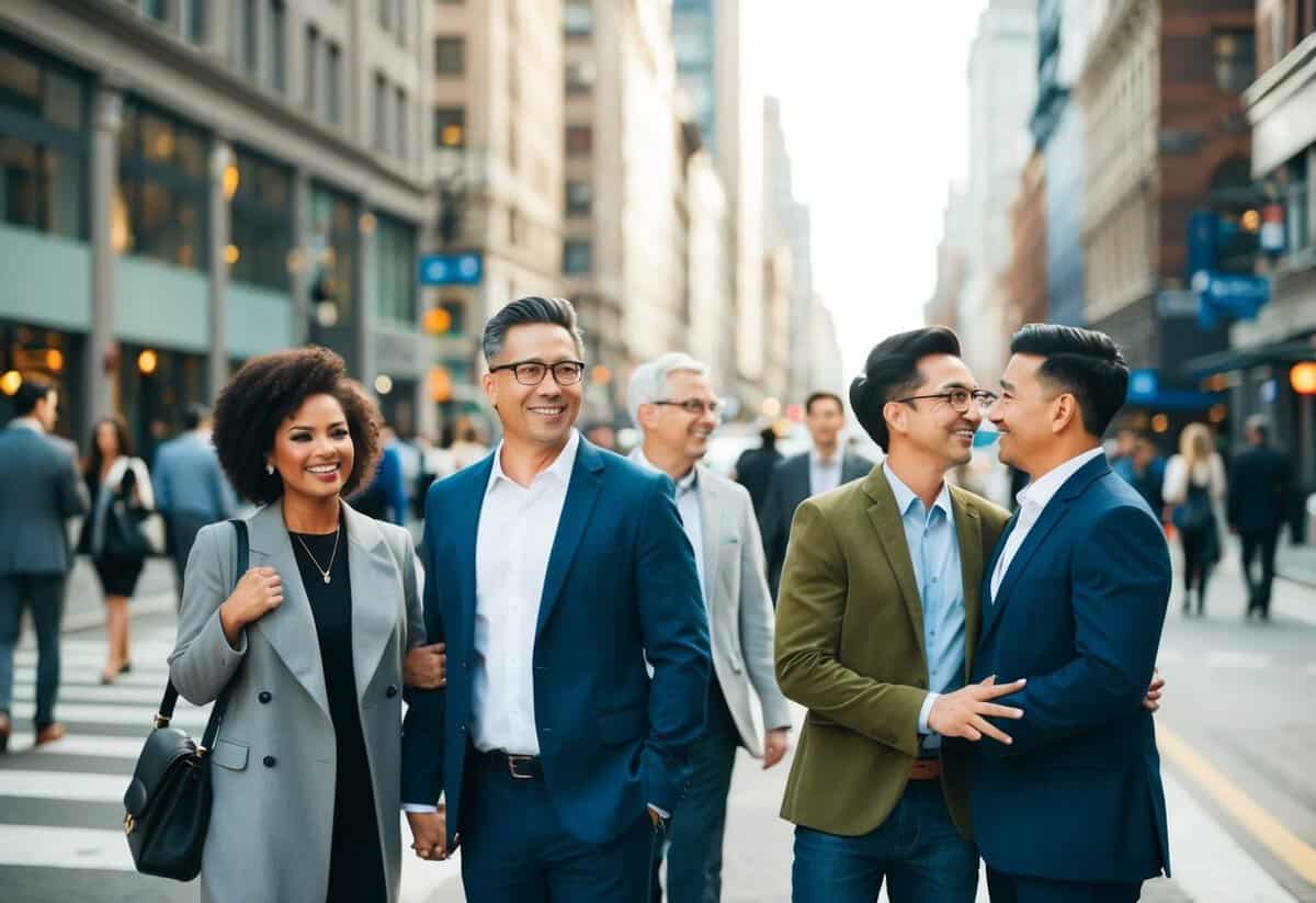 A bustling city street with diverse couples of varying ages and backgrounds, showcasing the influence of culture and lifestyle on meeting spouses