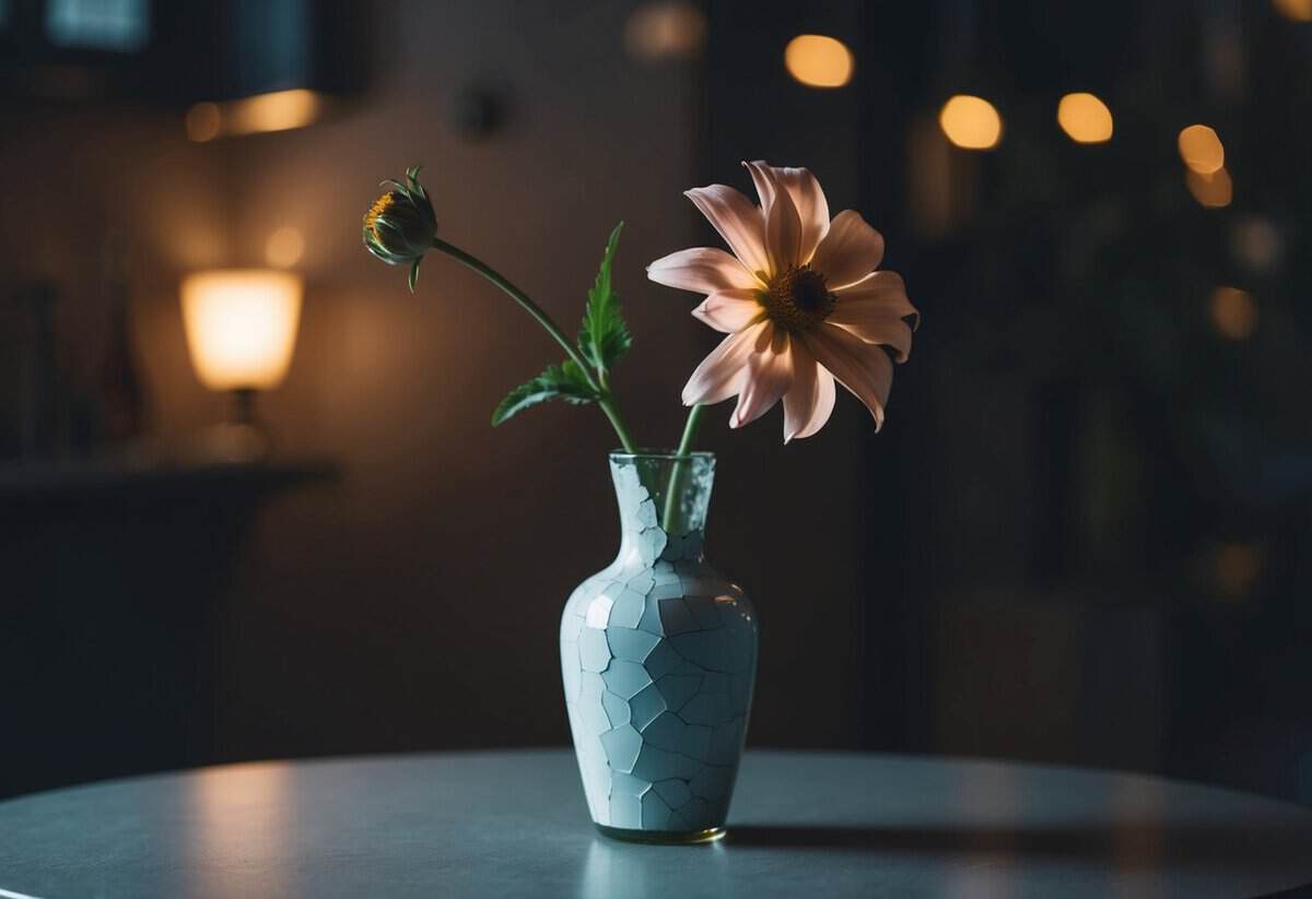 A wilted flower in a cracked vase on a dimly lit table