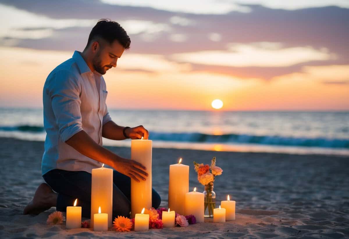 A man arranging candles and flowers on a beach at sunset