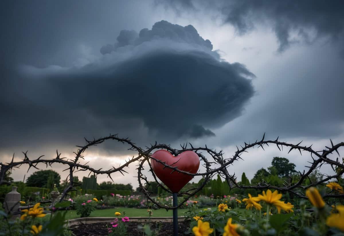 A dark storm cloud looming over a wilted flower garden, with thorny vines wrapping around a broken heart sculpture
