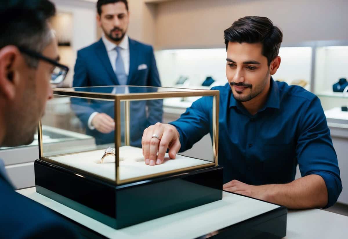 A man carefully selects a ring from a display case, while a jeweler looks on attentively