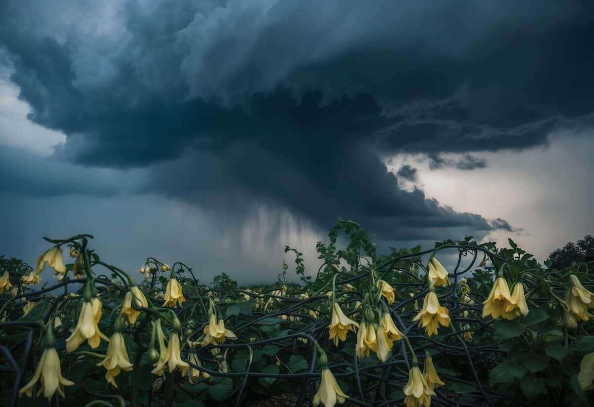 A dark storm cloud looms over a wilting flower garden, with drooping petals and tangled vines, symbolizing the misery stage of marriage