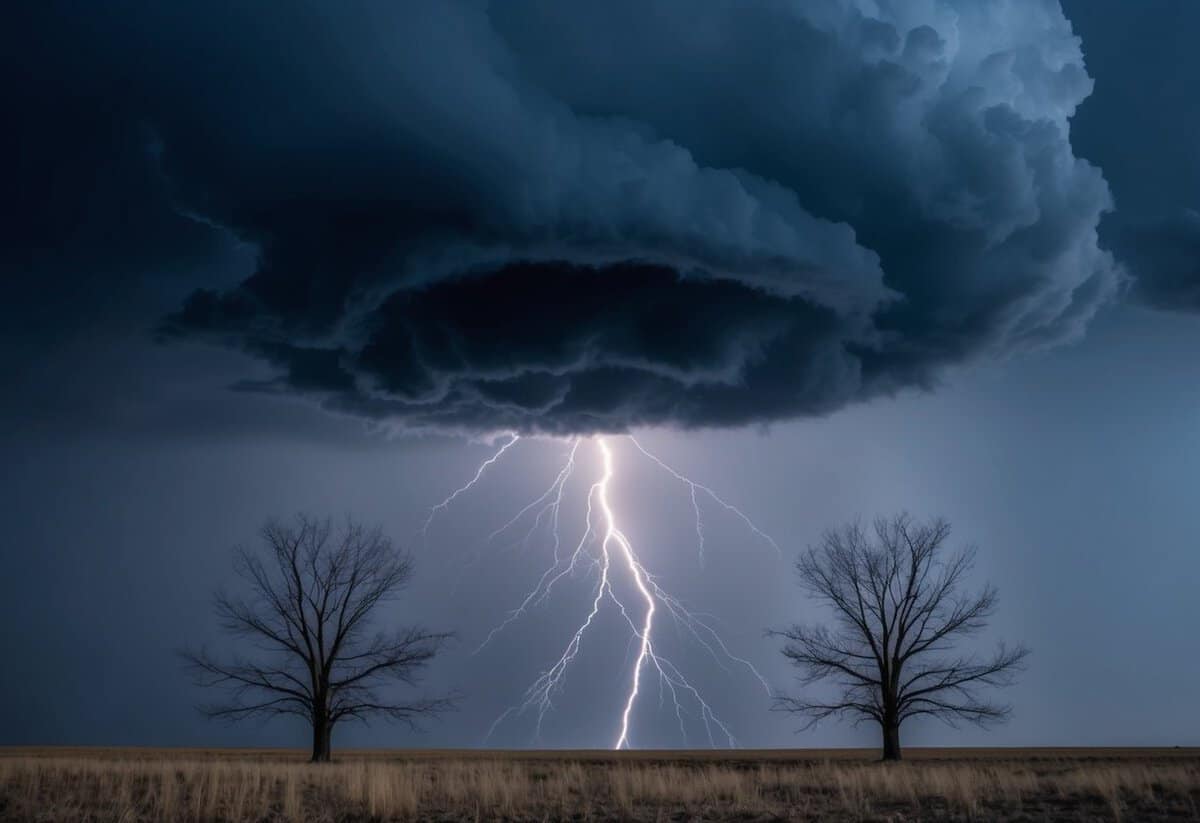 A dark storm cloud looming over two separate, barren trees, with jagged lightning striking between them, representing the misery stage of marriage