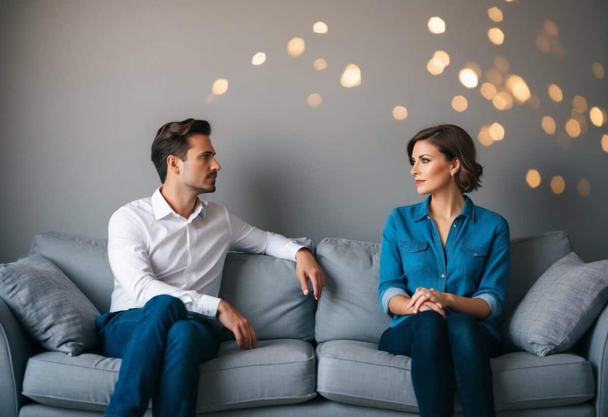 A couple sitting on opposite ends of a couch, avoiding eye contact, with tense body language