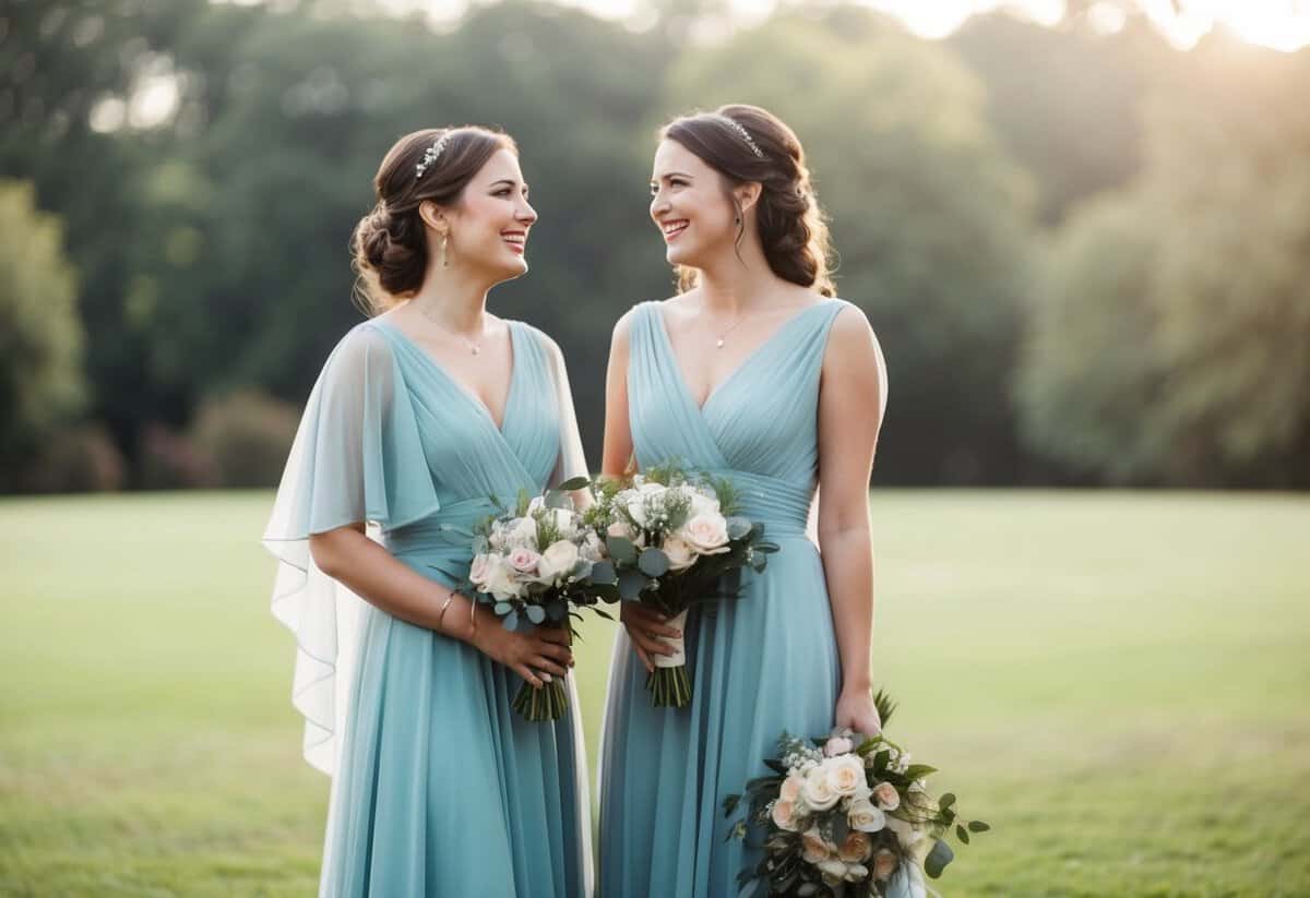 Two sisters standing side by side, one in a flowing gown and the other in a matching dress, holding bouquets and smiling