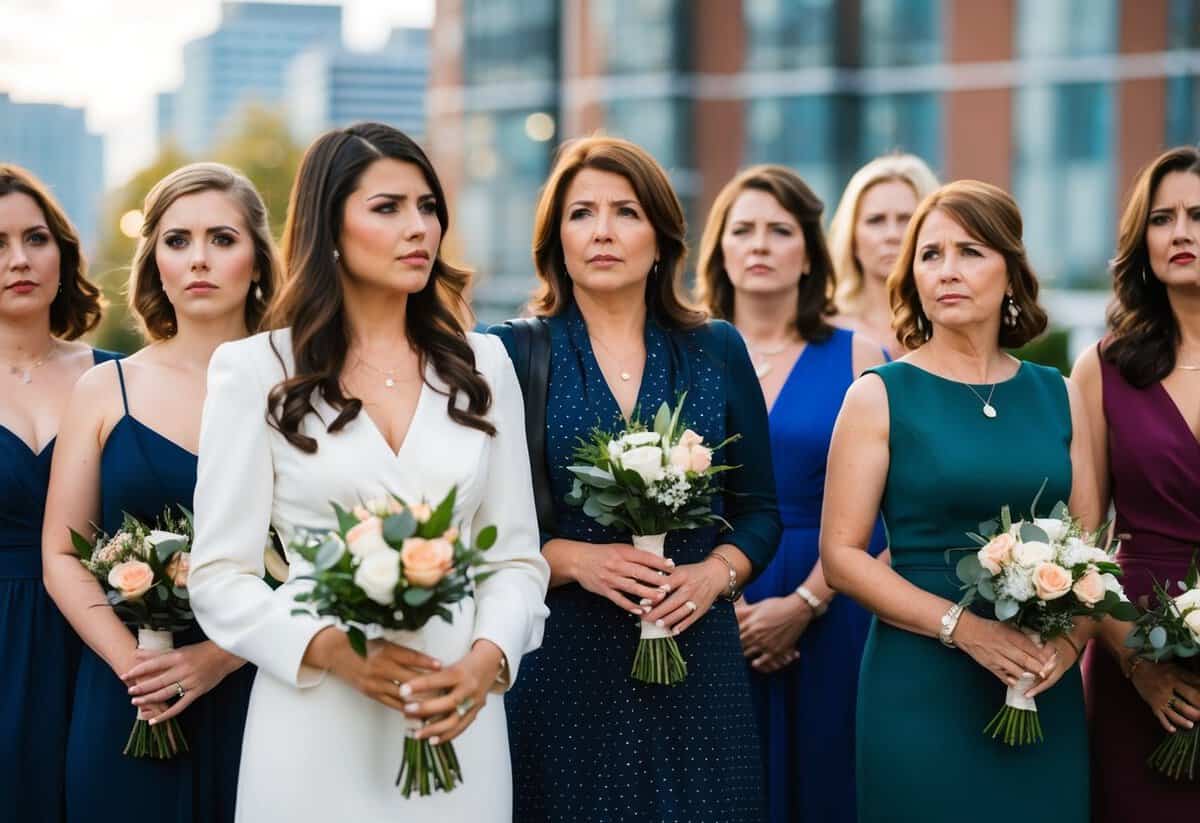 A group of women standing together, some holding bouquets, while one woman stands slightly apart, looking uncertain