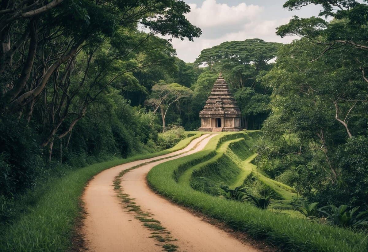 A winding path stretches through a lush forest, leading to a mysterious, ancient-looking structure nestled among the trees