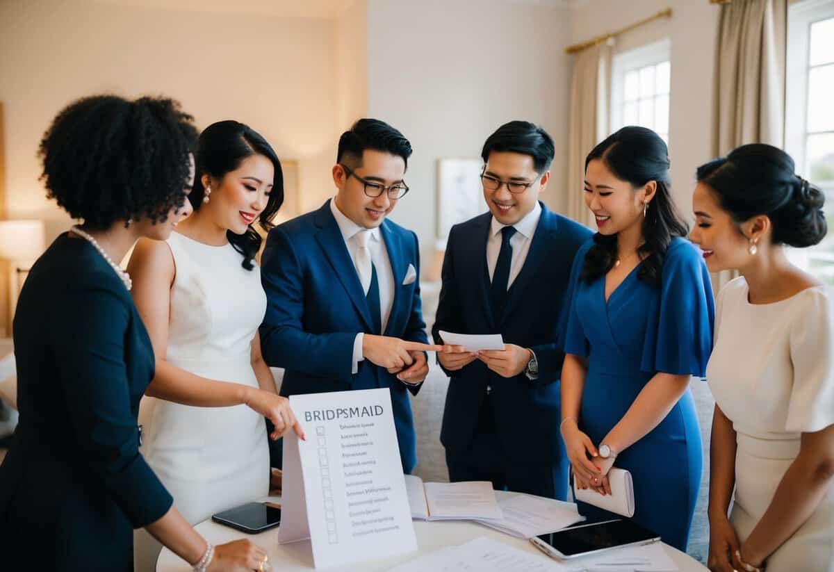 A group of people discussing wedding plans, with one person pointing to a list of bridesmaid options