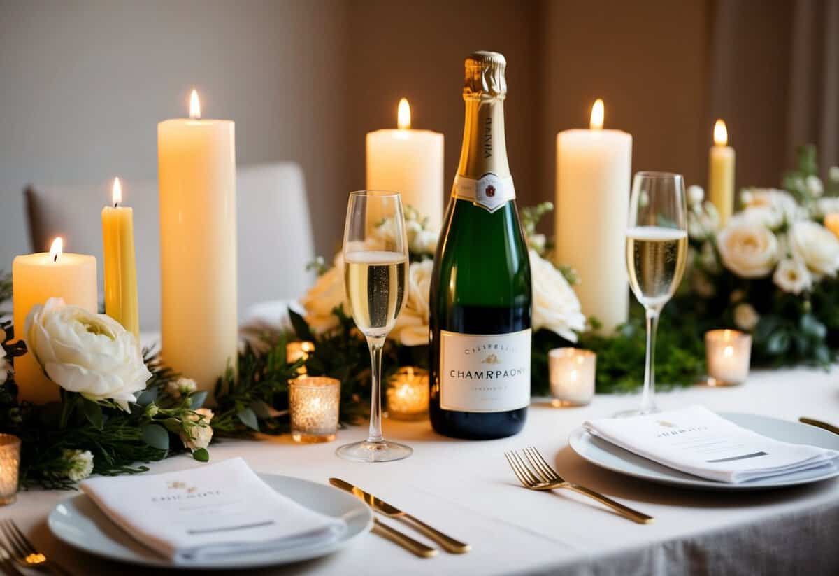 A table set with candles, flowers, and a bottle of champagne. Two champagne glasses sit beside the bottle
