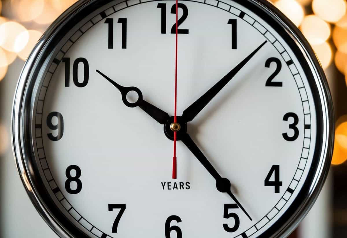 A clock with two hands pointing to two years
