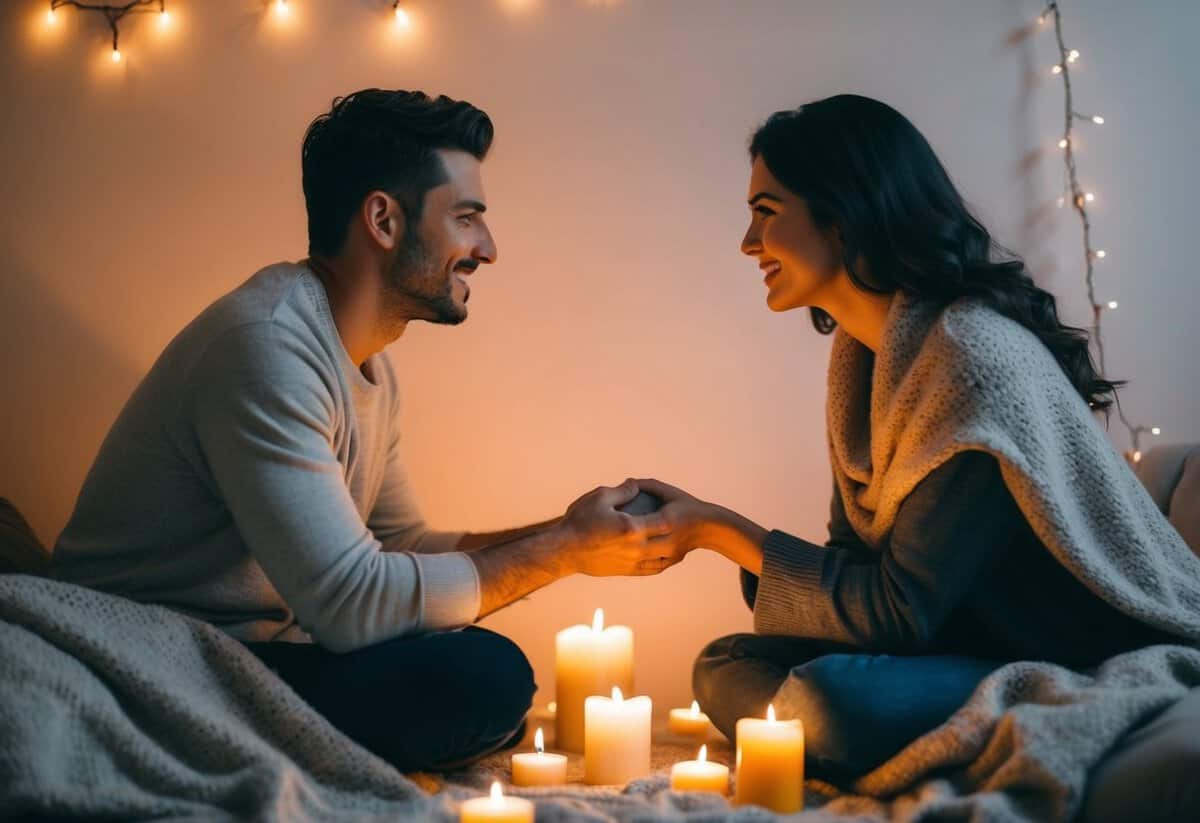 A couple sits facing each other, surrounded by soft candlelight and cozy blankets. They hold hands and share intimate conversation, creating a warm and open atmosphere