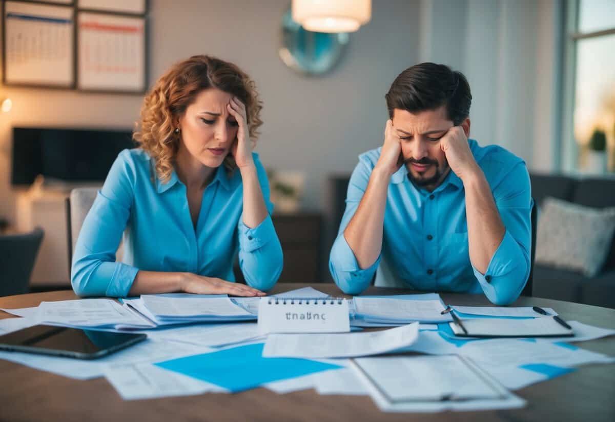 A couple sits at a table, surrounded by scattered papers and a calendar. They appear tense and frustrated as they try to work through their differences