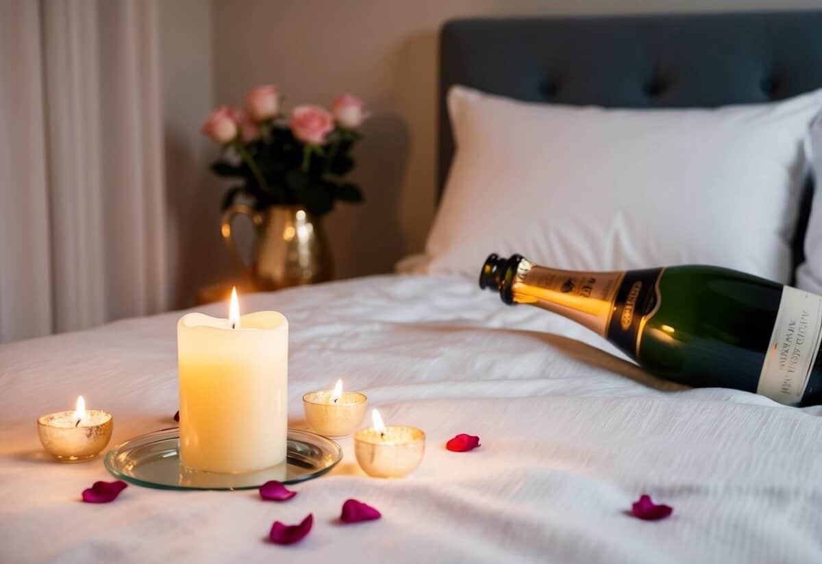 A cozy bedroom with soft candlelight, scattered rose petals, and a bottle of champagne chilling on ice