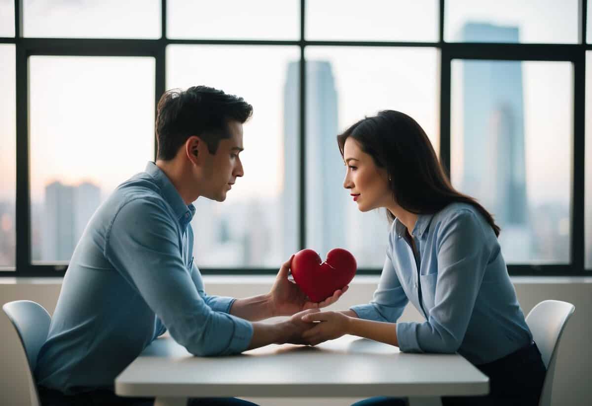 A couple sitting at a table, one partner holding a broken heart while the other reaches out in an attempt to repair the connection