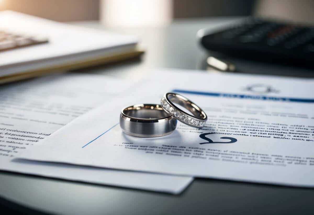 A couple's wedding rings lying on a table, surrounded by legal documents and a broken heart symbol