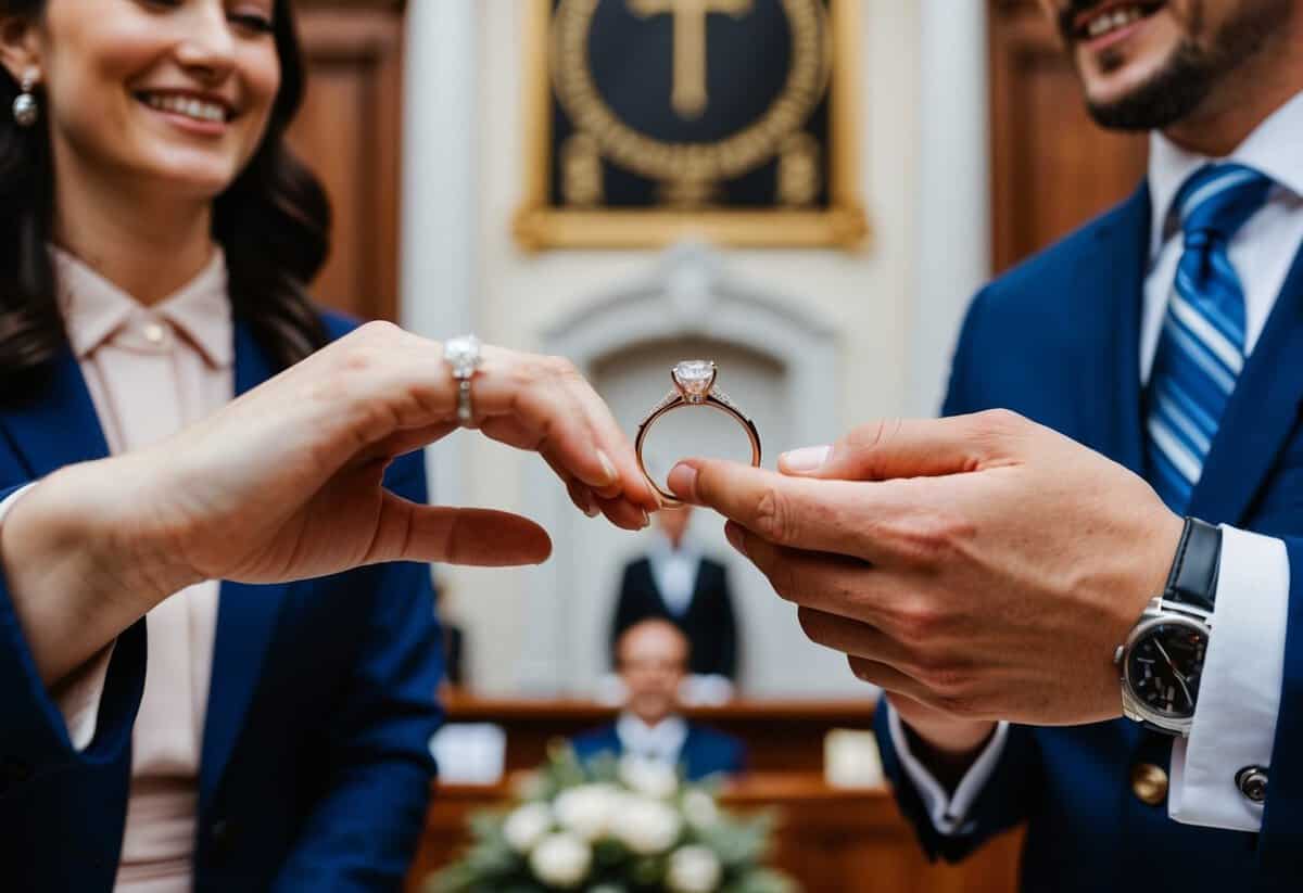 A couple exchanging rings in front of a registrar