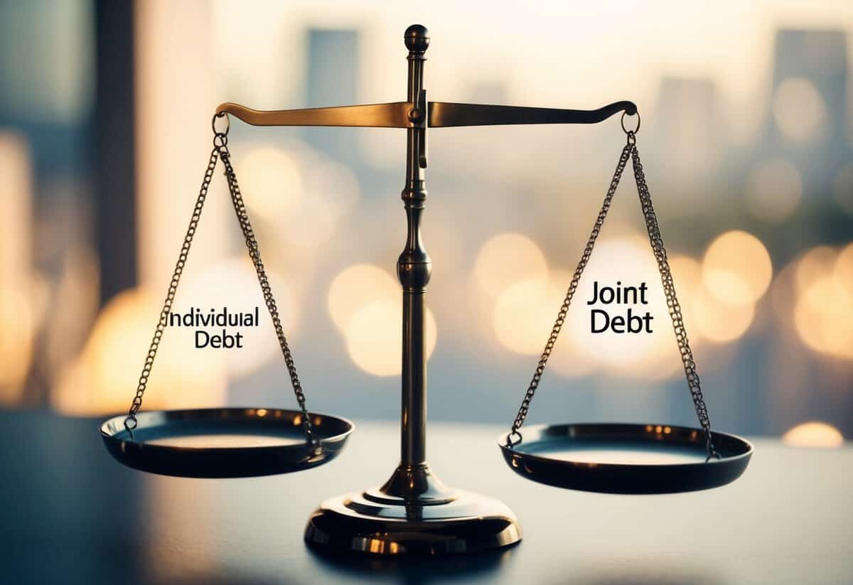 A scale with two sides, one labeled "individual debt" and the other "joint debt," with a line separating them